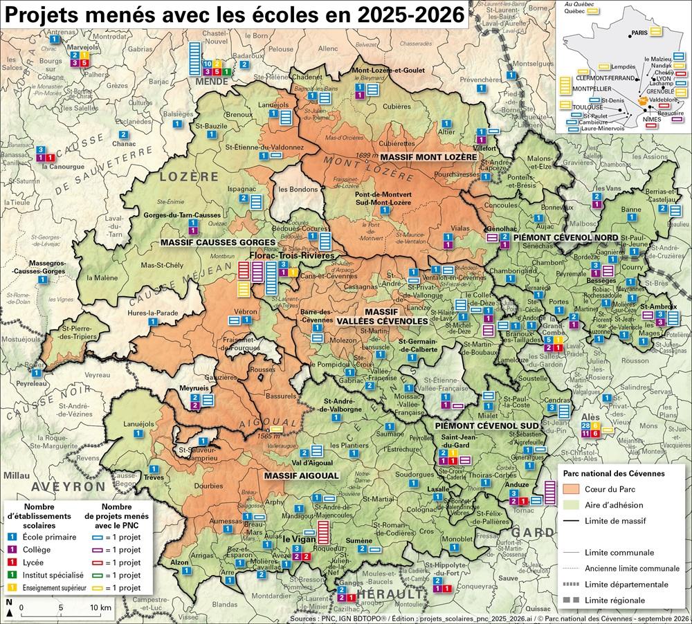 carte des projets scolaires du Parc national des C&eacute;vennes